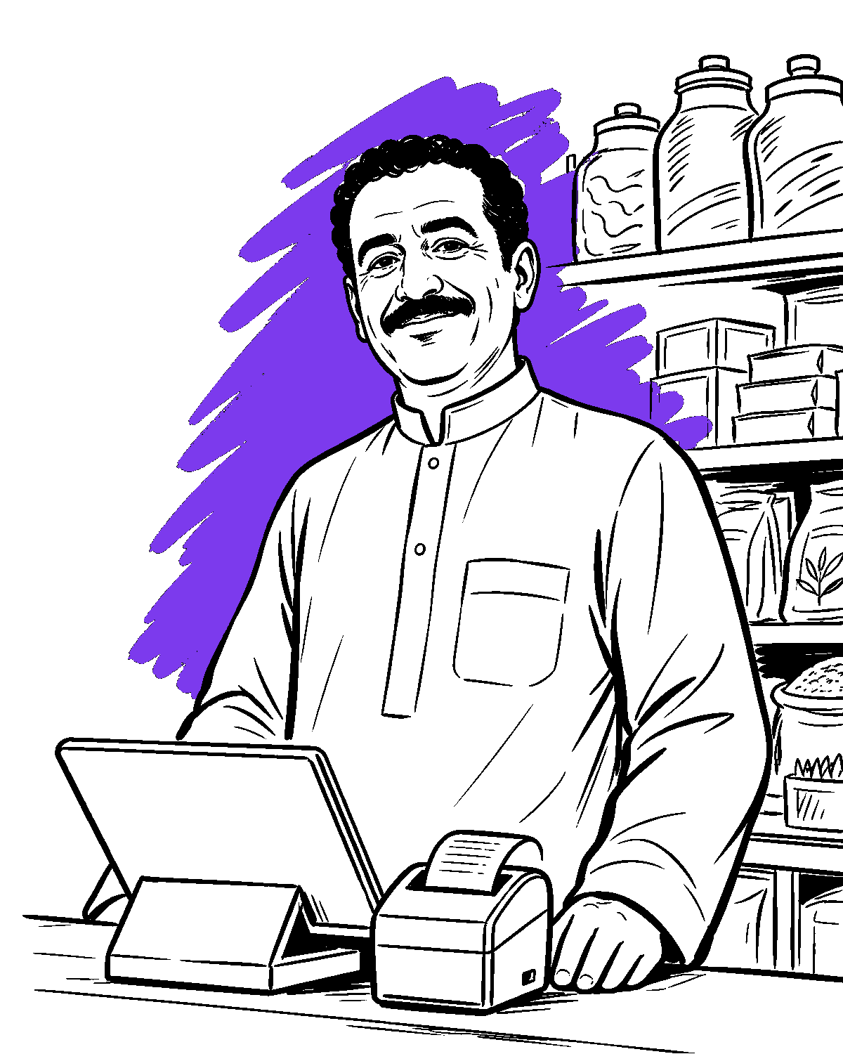 صاحب متجر صغير يقف بفخر عند صندوقه بجانب حاسوب محمول كنقطة بيع وطابعة إيصالات