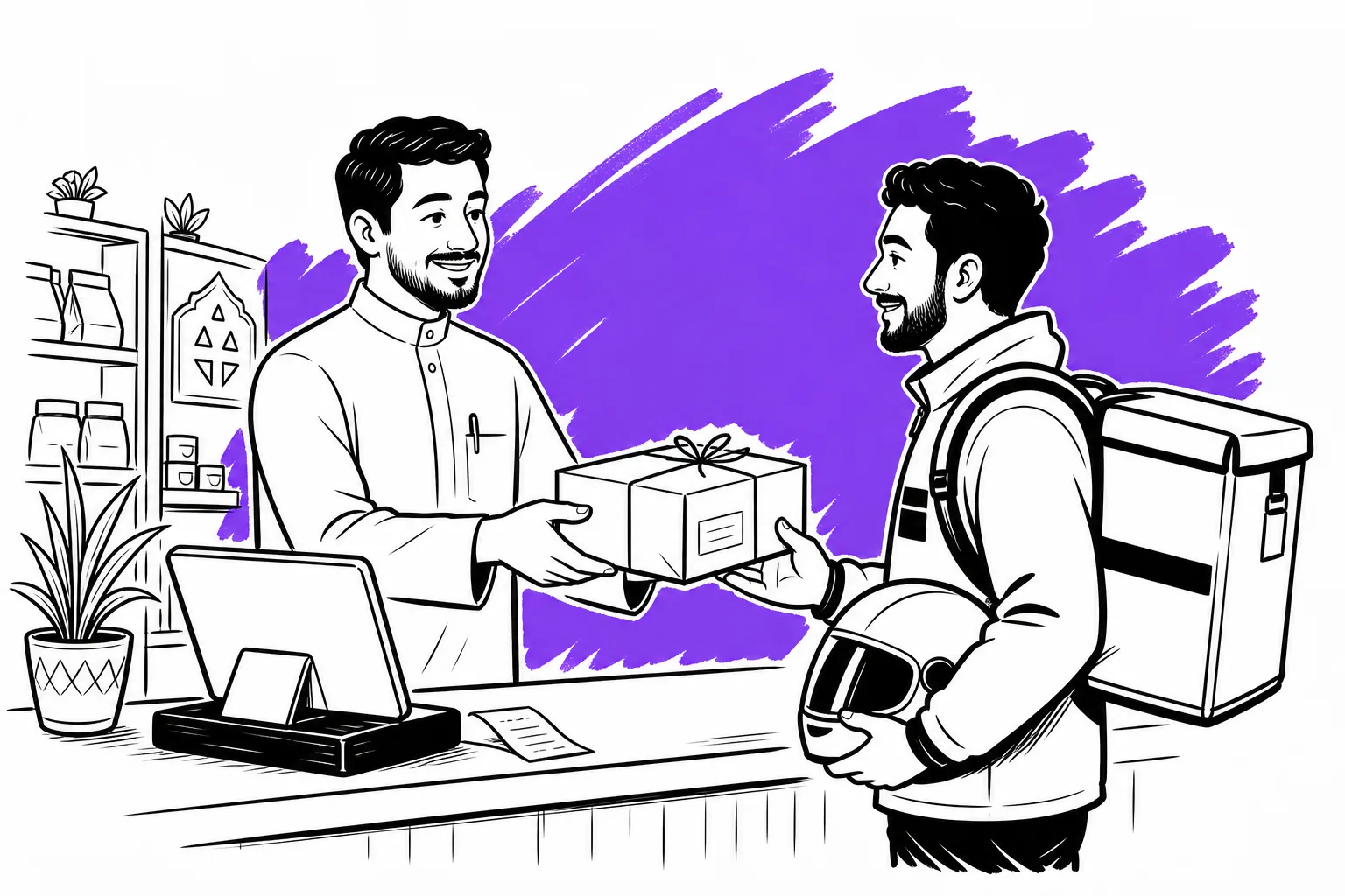 صاحب متجر يسلّم طردًا مغلَّفًا عبر الصندوق لسائق توصيل يحمل خوذته