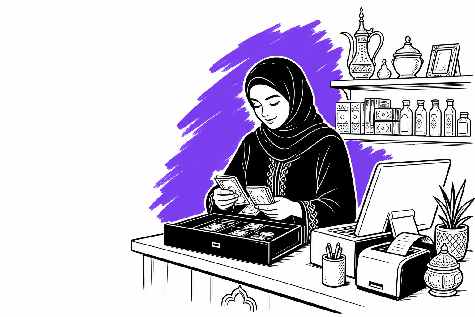 صاحبة متجر محجَّبة تعدّ النقود من درج مفتوح بجانب حاسوب محمول كنقطة بيع بعد الإغلاق