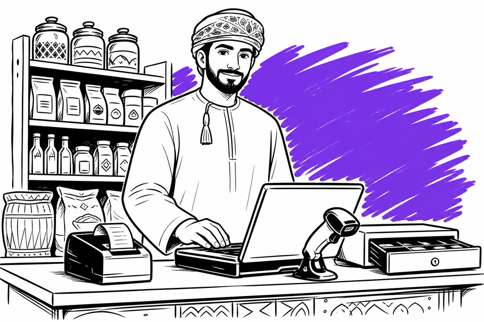 صاحب متجر واثق خلف صندوق مجهَّز بحاسوب محمول كنقطة بيع وطابعة إيصالات وقارئ باركود ودرج نقود