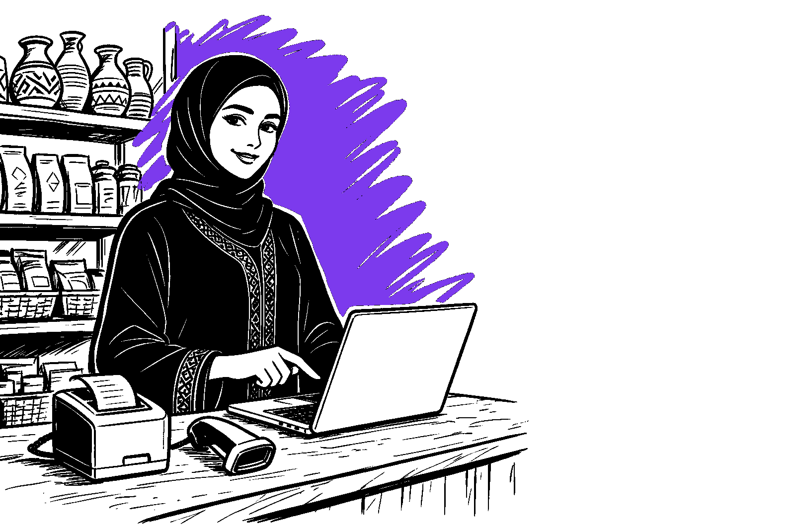صاحبة متجر تقف خلف صندوق المحاسبة وتستخدم حاسوبًا محمولًا كنقطة بيع، بجانبها طابعة إيصالات وقارئ باركود
