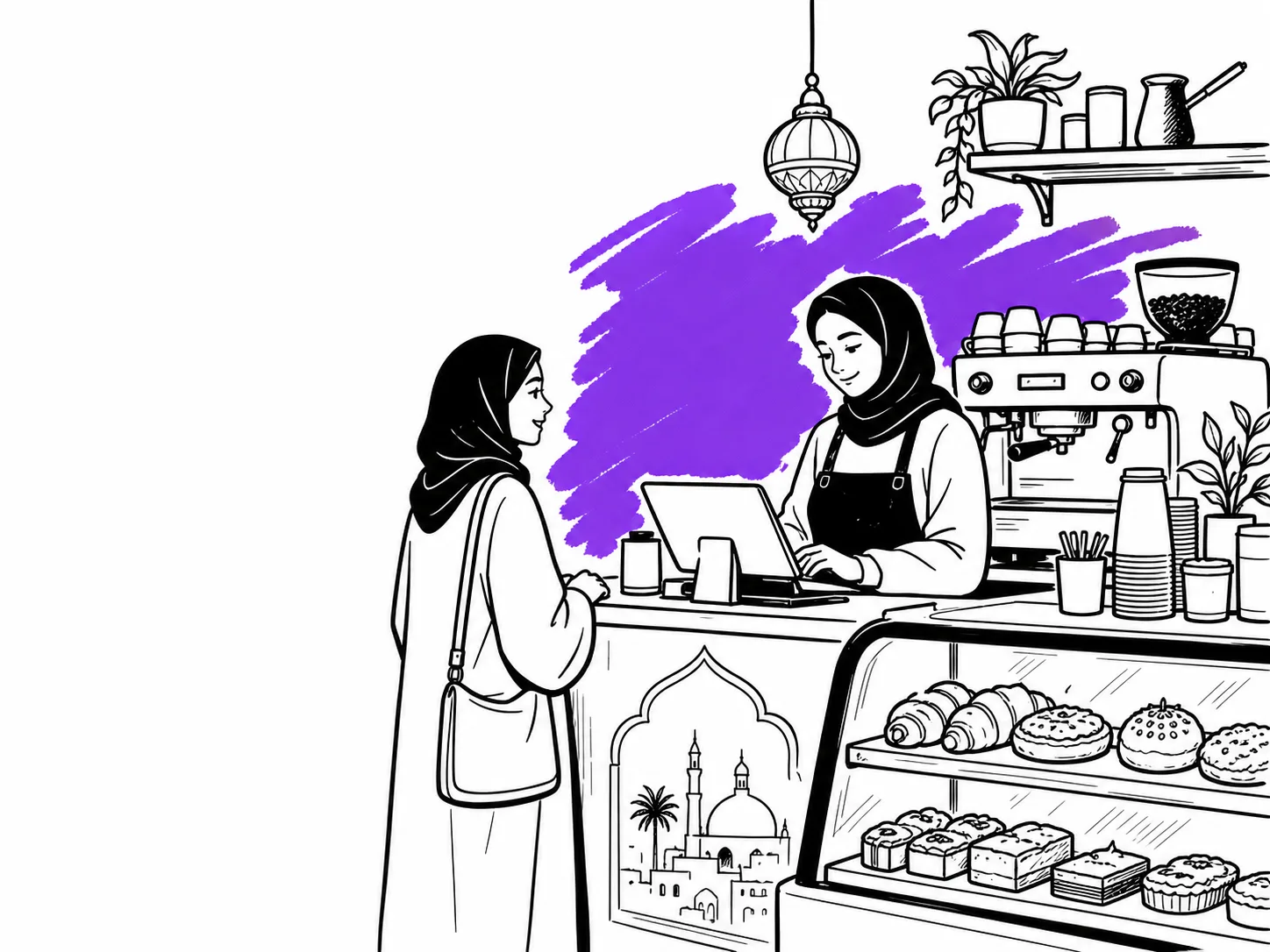 باريستا يستقبل طلبًا على حاسوب محمول كنقطة بيع في مقهى مستقلّ دافئ الأجواء