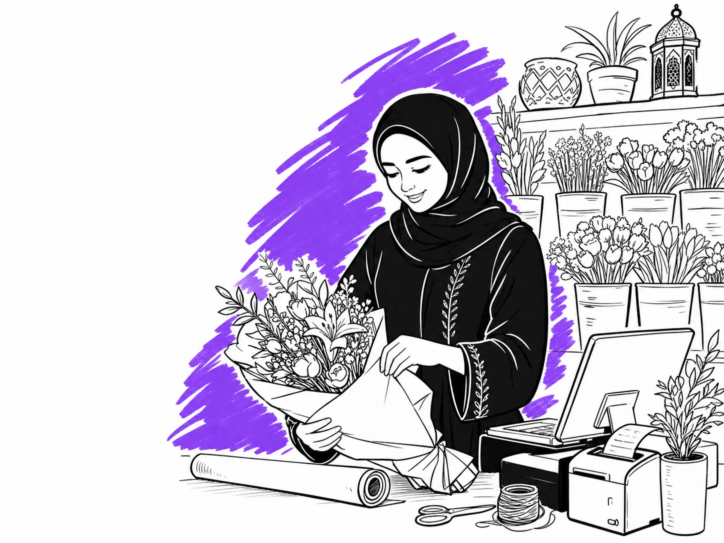 بائعة زهور محجَّبة تغلّف باقة بجانب حاسوب محمول كنقطة بيع، تحيط بها أوعية الورد