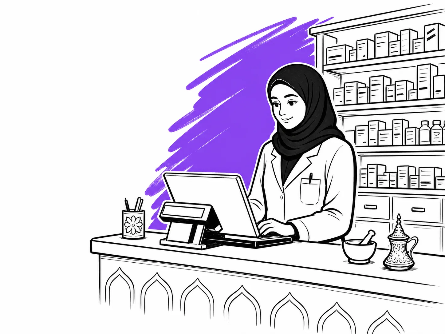 صيدلانية محجَّبة بمعطف فاتح تعمل على حاسوب محمول كنقطة بيع خلف صندوق صيدلية مرتّب