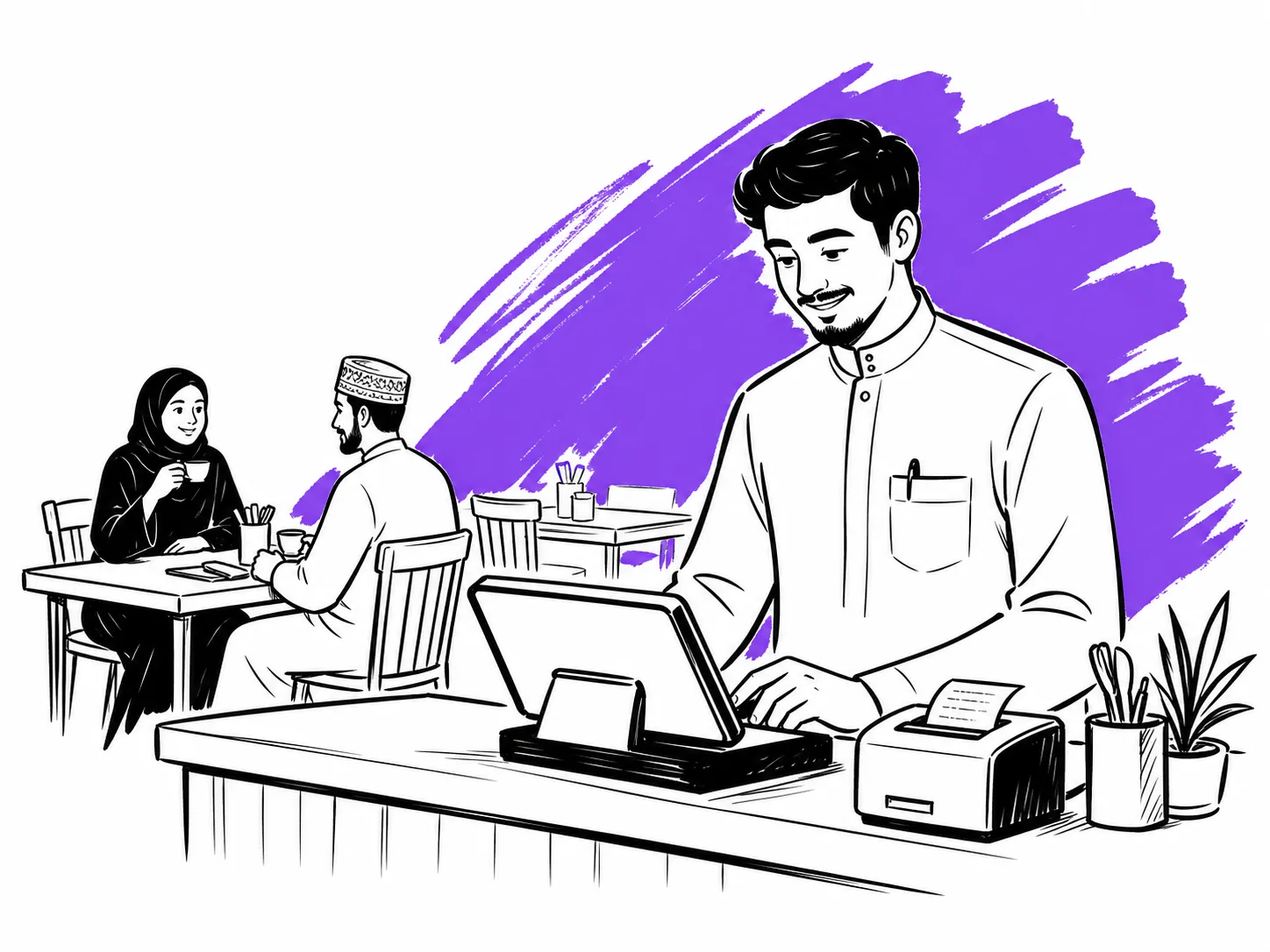 موظّف يُدخل طلبًا على حاسوب محمول كنقطة بيع مع طابعة إيصالات في مطعم بسيط