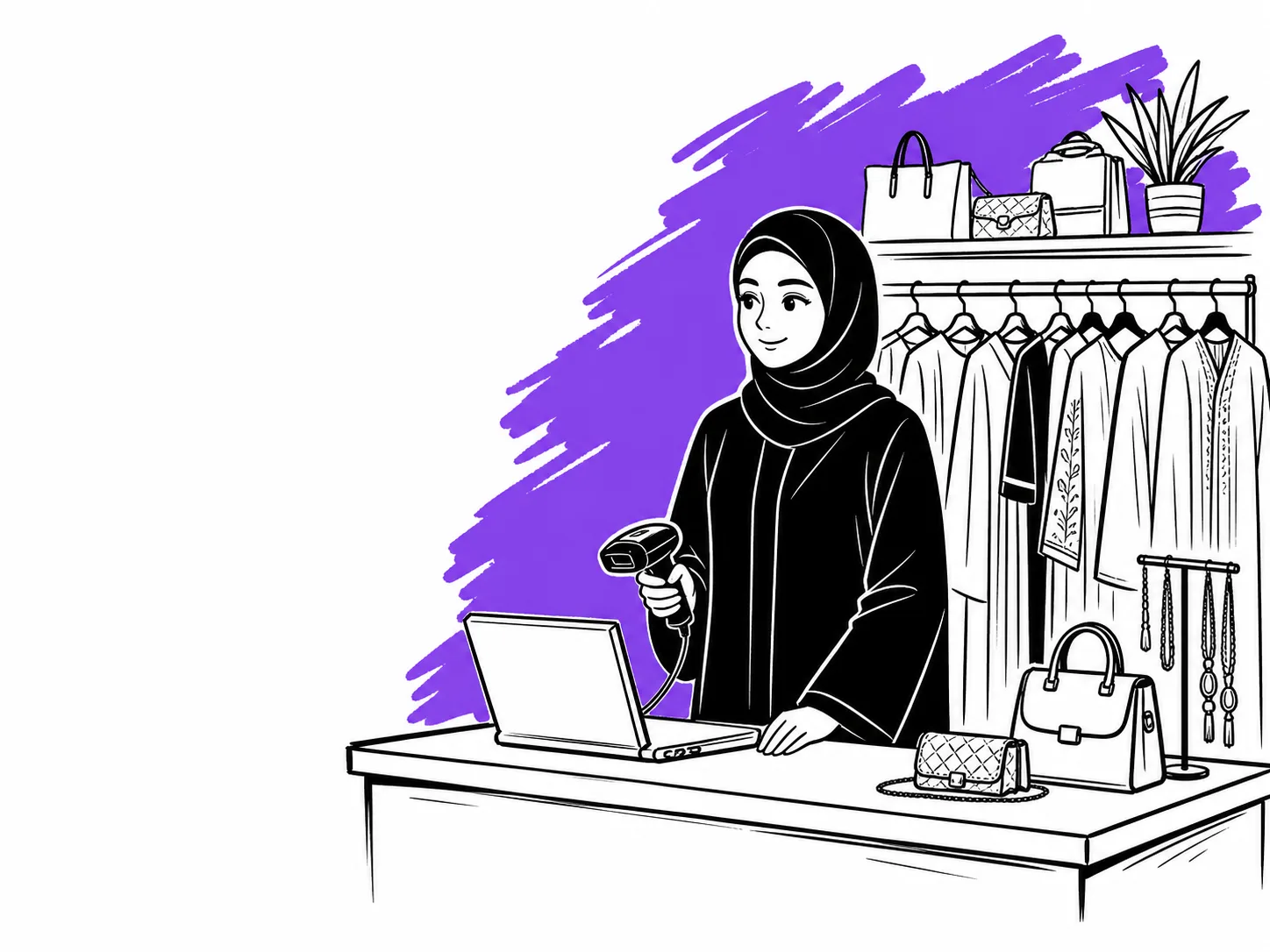 بائعة محجَّبة ترتّب البضاعة بجانب حاسوب محمول كنقطة بيع في بوتيك ملابس صغير