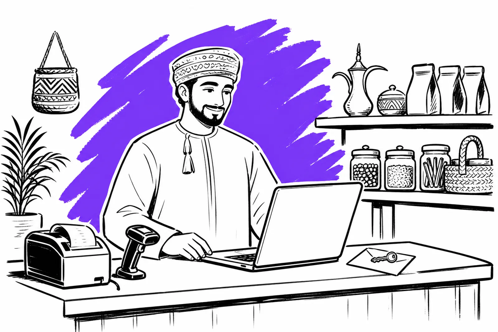 صاحب متجر عند صندوق محلّه، مستعدّ لتسجيل الدخول إلى نقطة البيع