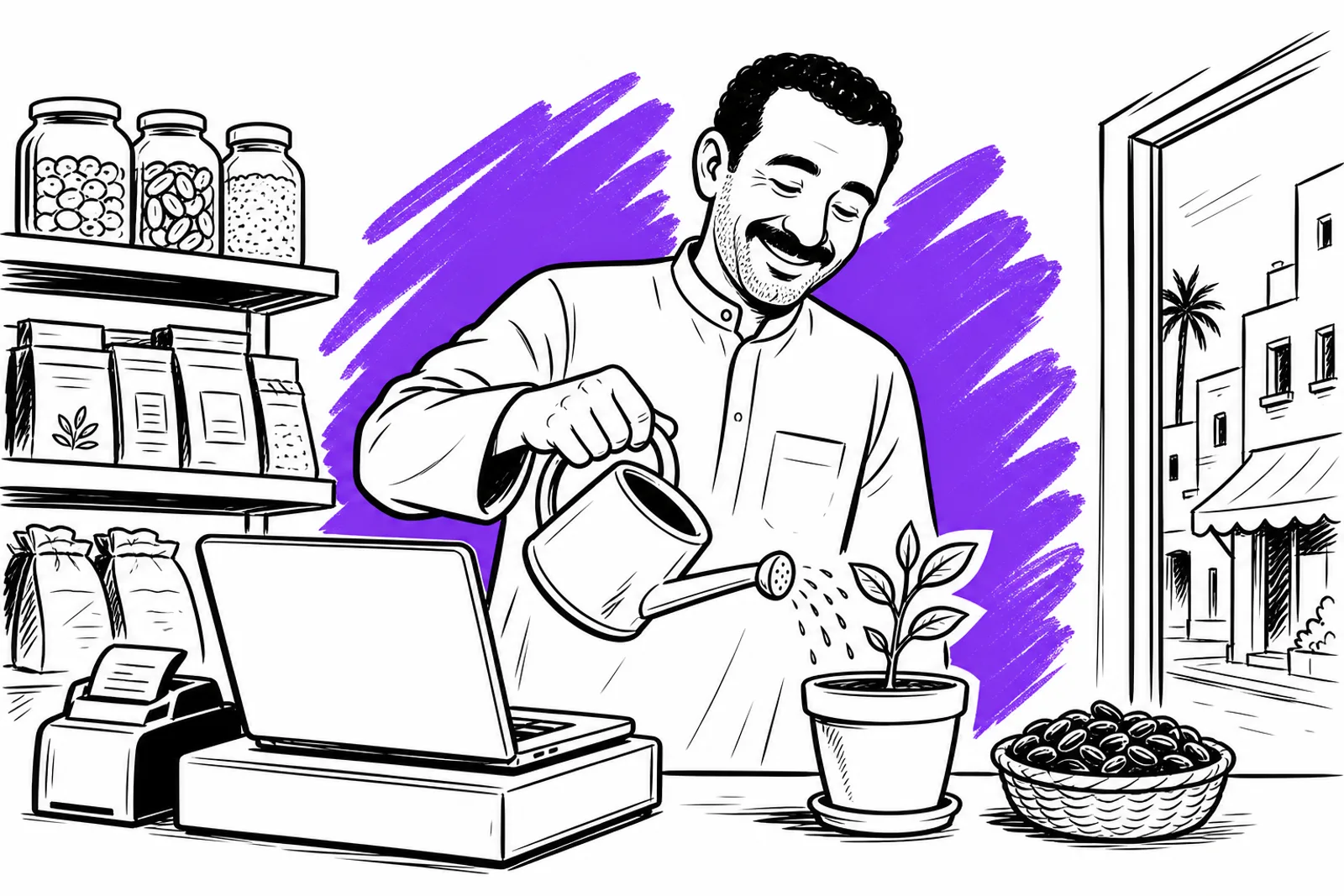صاحب متجر مبتهج عند الصندوق يسقي نبتة صغيرة متبرعمة بجانب حاسوب محمول كنقطة بيع